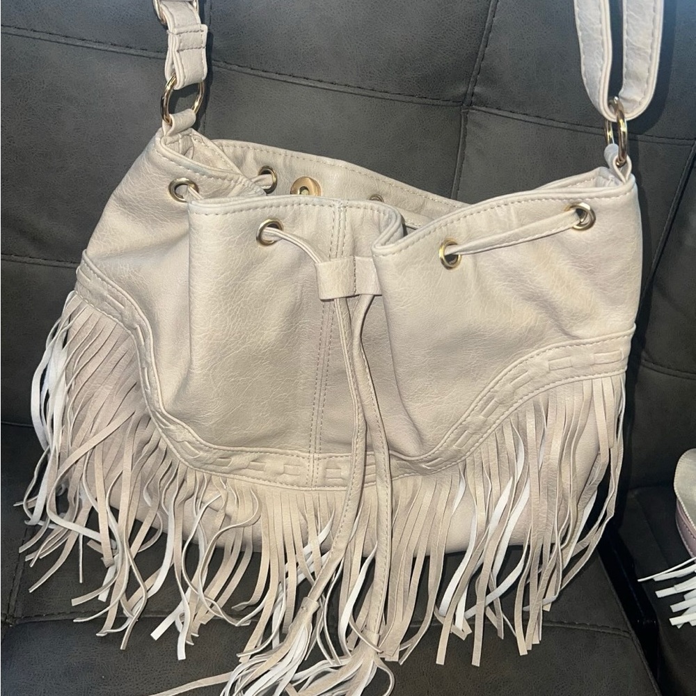 Fringed Drawstring Shoulder Bag - Cream